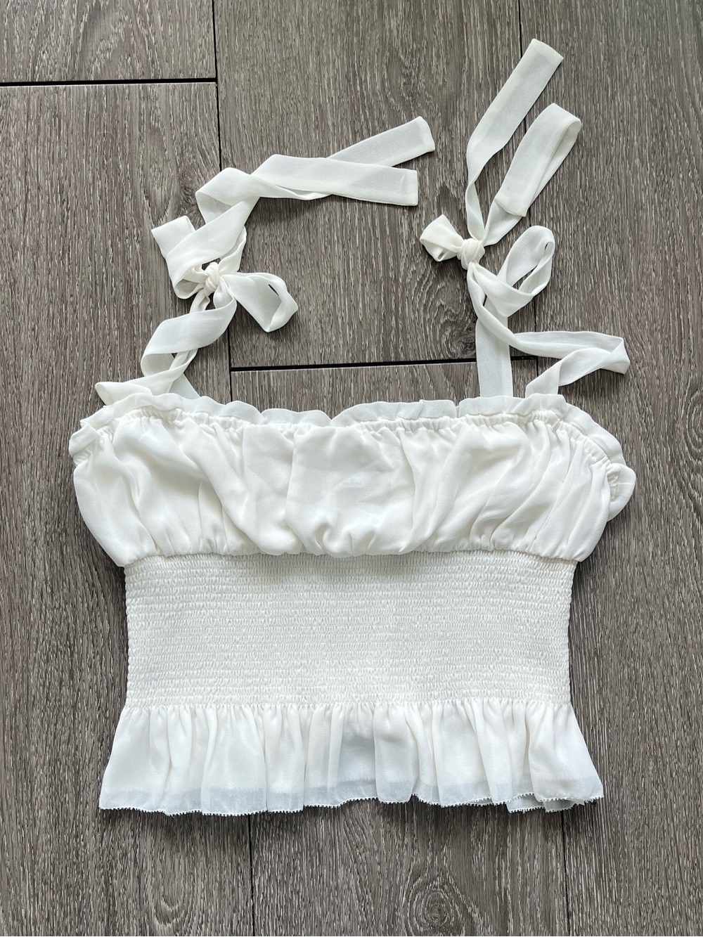 Wilfred White Ruffled Tie-Strap Smocked Crop Cami Tank Top